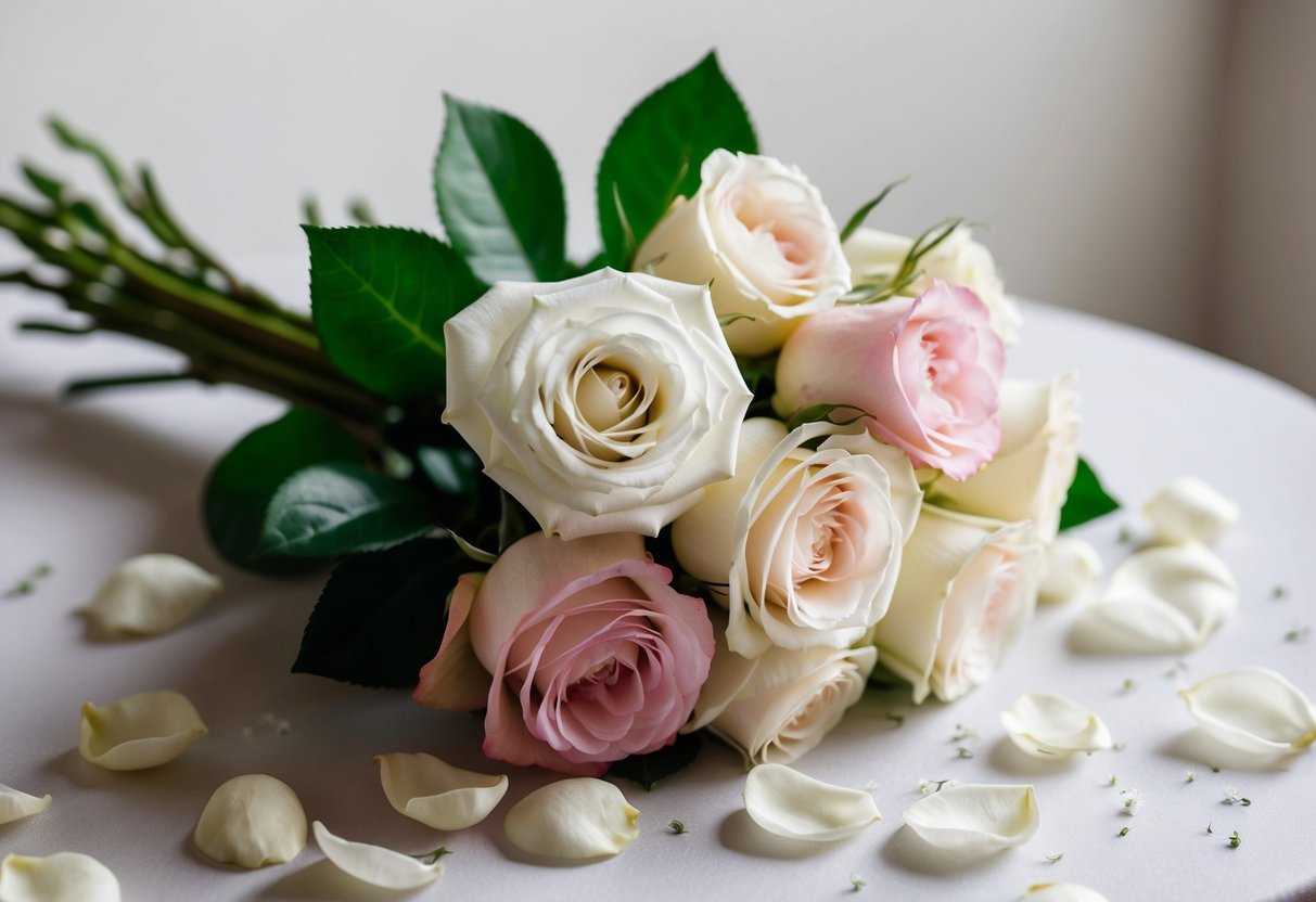 A delicate bouquet of white and pink roses rests on a table, surrounded by scattered petals and greenery