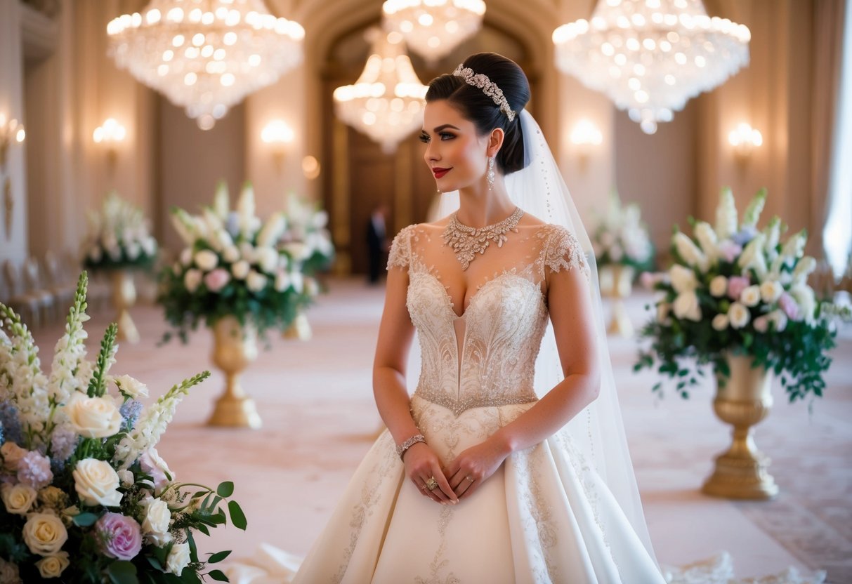 A glamorous bride stands in a grand ballroom, surrounded by opulent floral arrangements and sparkling chandeliers. Her gown is adorned with intricate lace and shimmering beads, and her hair is styled in an elegant updo with a jeweled hairpiece