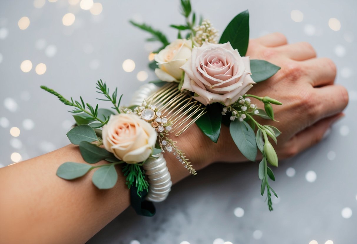 A delicate floral hair comb and a wrist corsage with roses and greenery