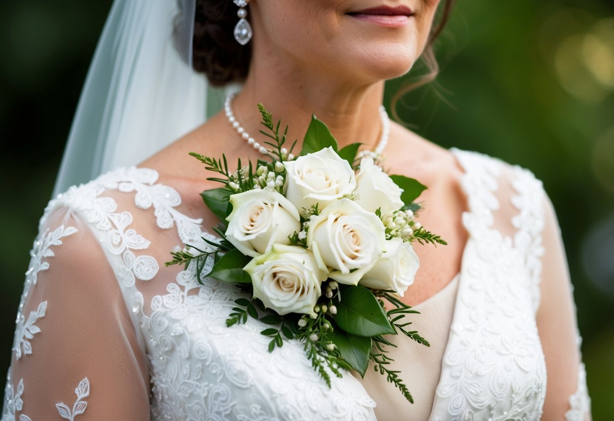 The mother of the bride wears a delicate corsage of white roses and greenery pinned to her dress