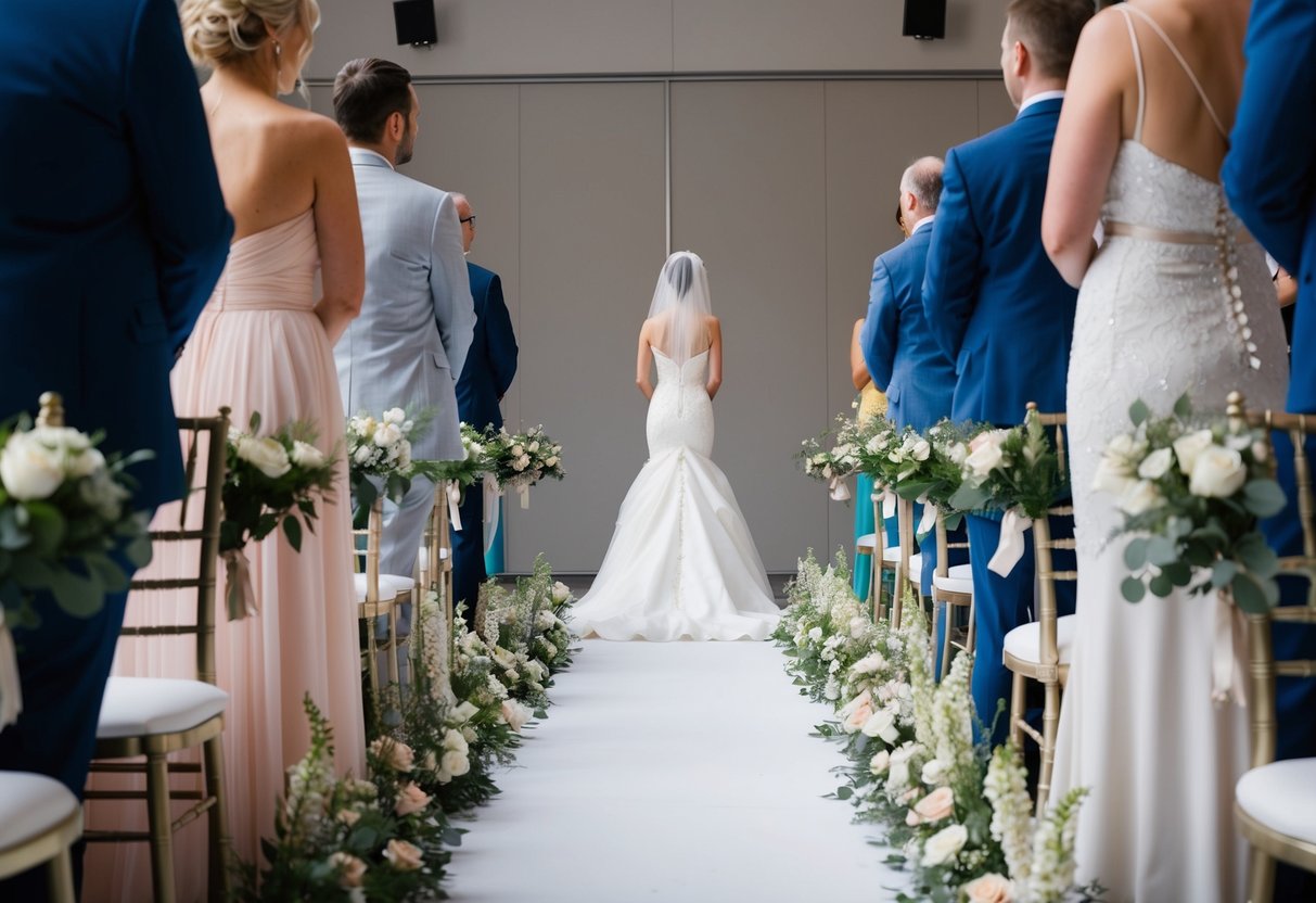 A figure in a wedding gown awaits at the end of a flower-lined aisle, with an empty space beside them
