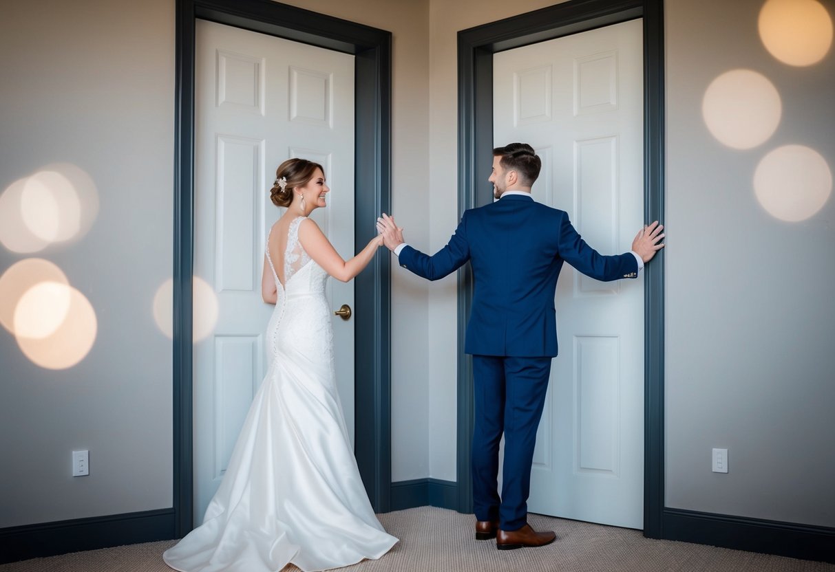 A bride and groom stand on opposite sides of a closed door, reaching out to touch it with anticipation