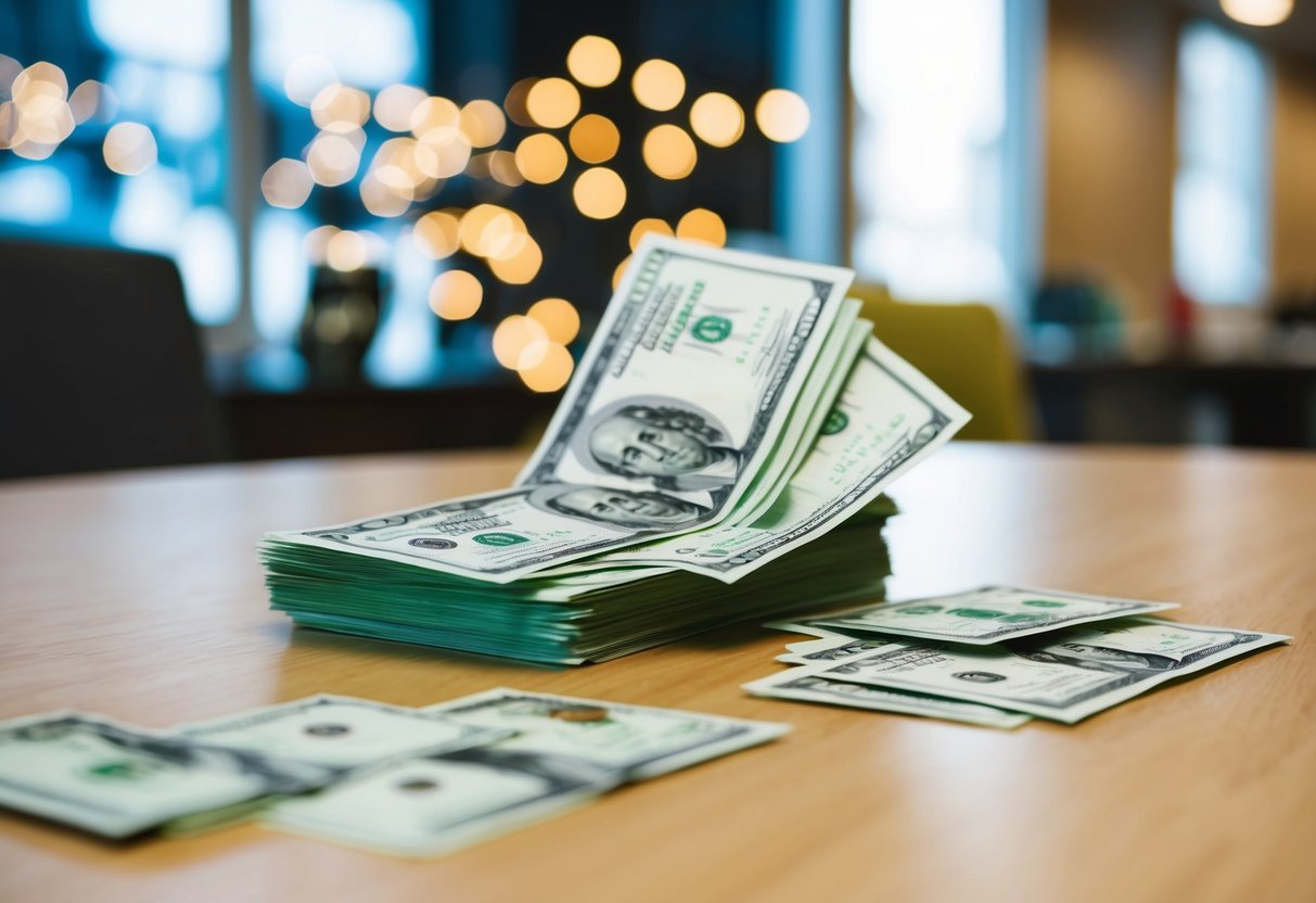 A table with a pile of cash and envelopes