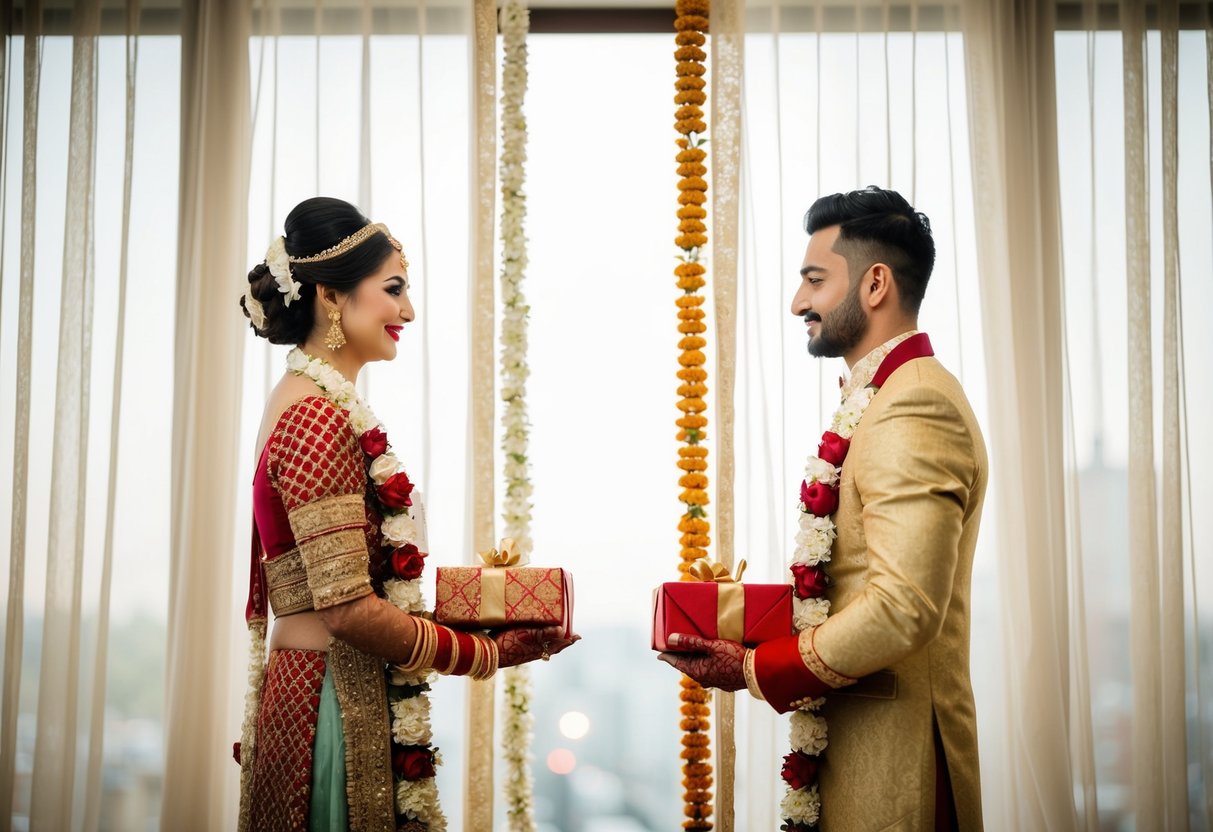 A bride and groom stand back-to-back, separated by a sheer curtain, as they exchange gifts and prayers in a traditional pre-wedding ritual