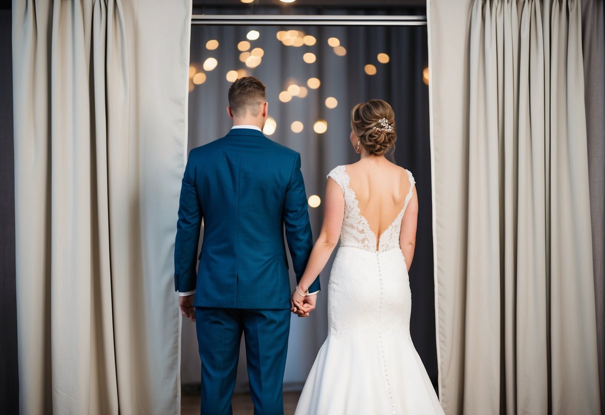 A bride and groom stand back to back, holding hands, with a curtain between them, eagerly awaiting their first look on their wedding day