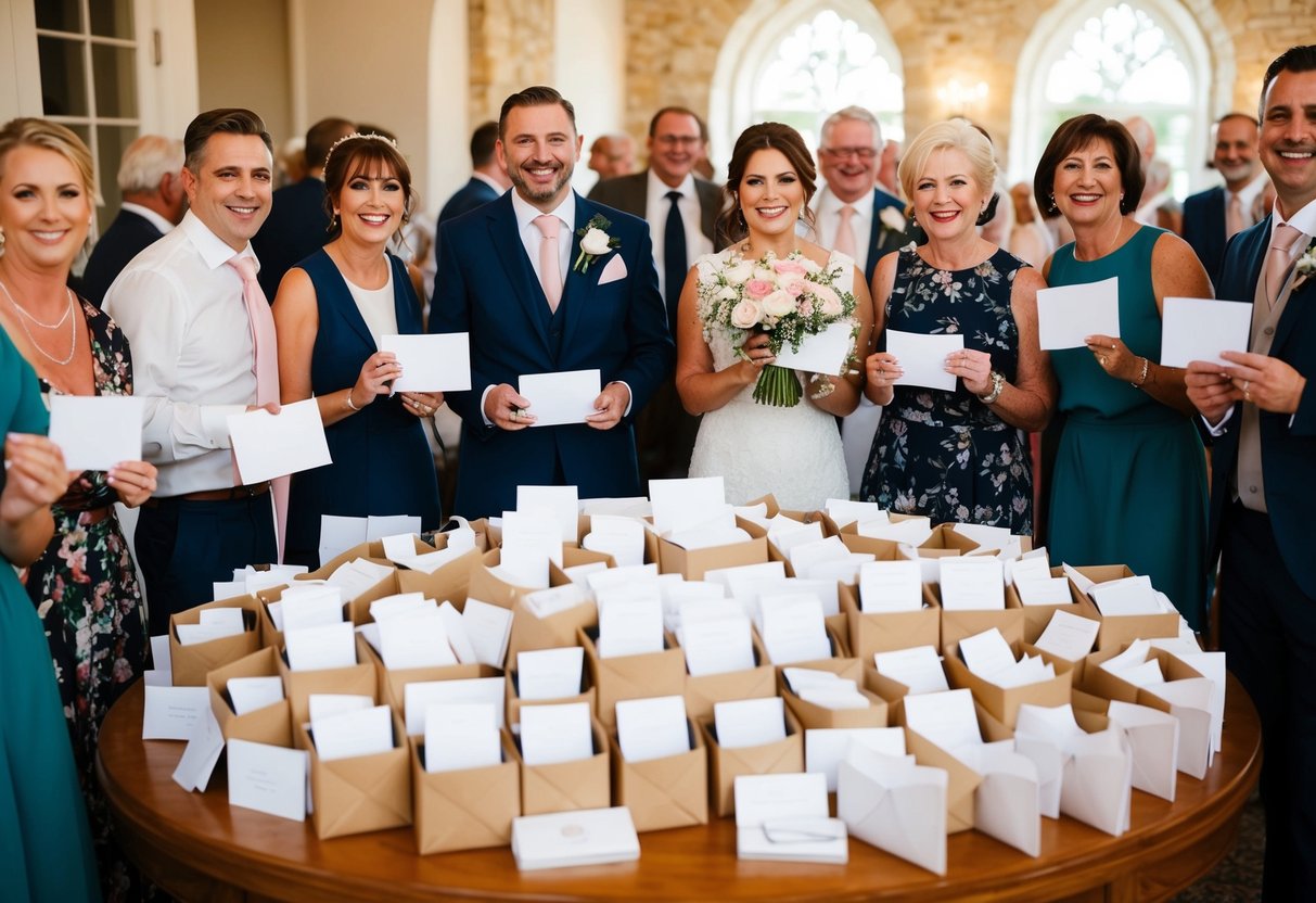 A wedding gift table overflowing with envelopes and cards, surrounded by smiling guests