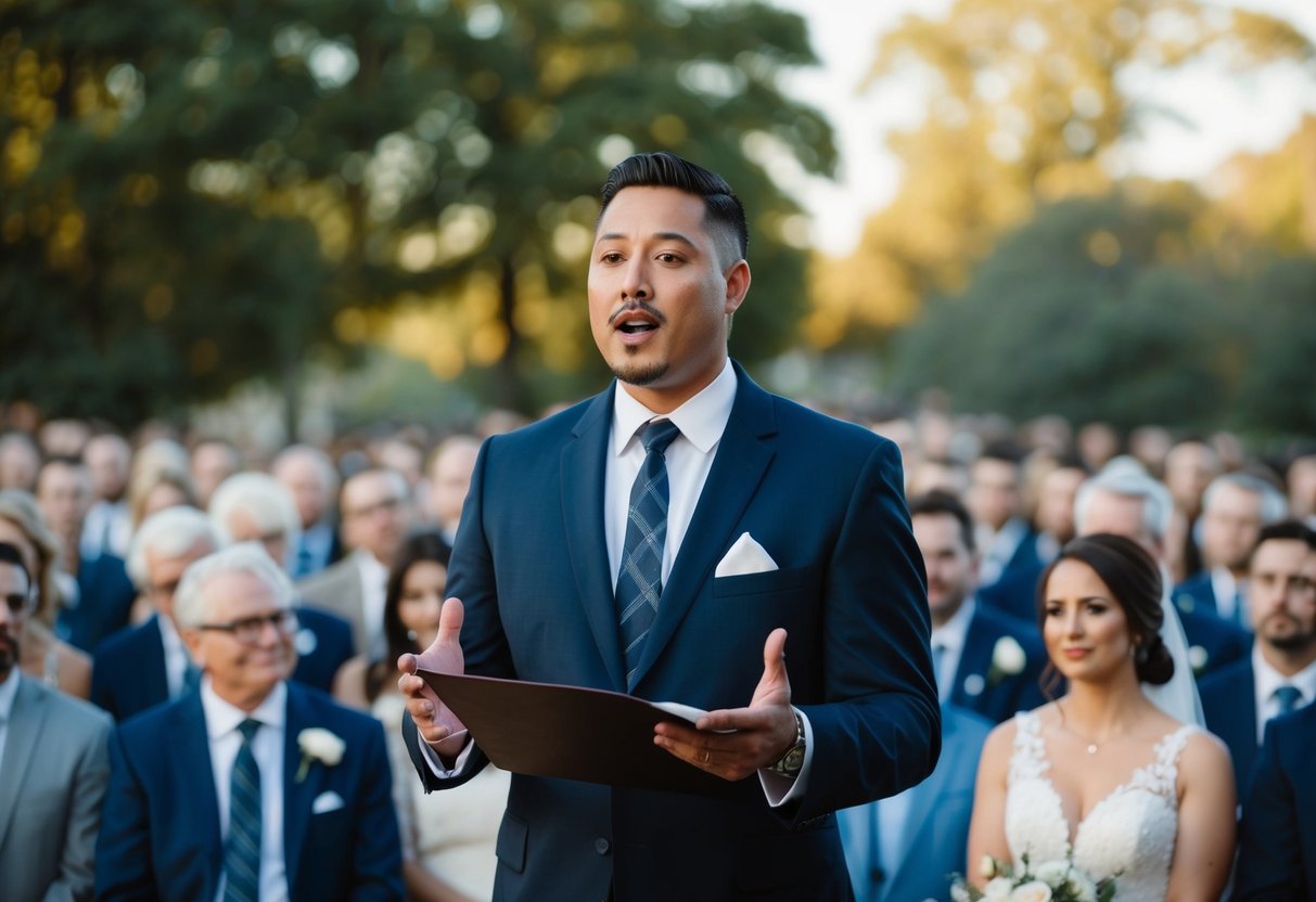 A wedding officiant speaking before a gathered crowd