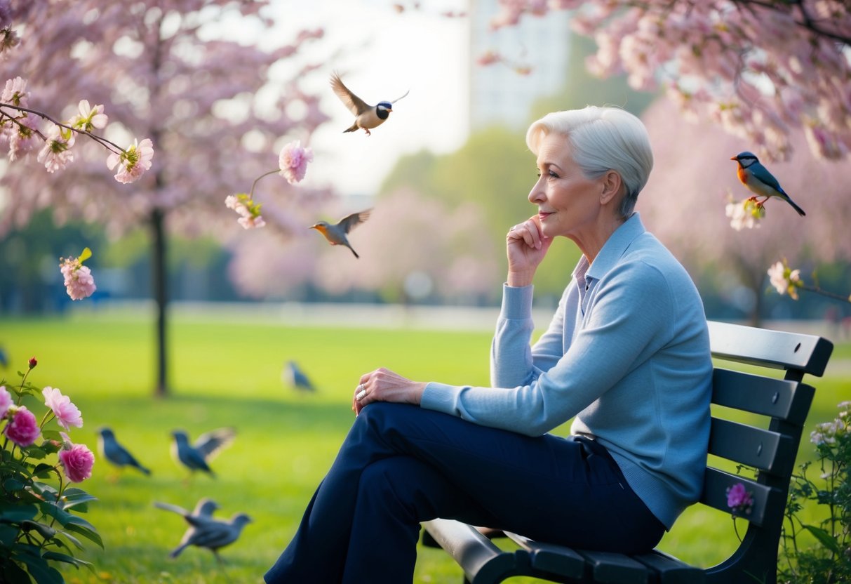 A solitary figure sitting on a park bench, surrounded by blooming flowers and chirping birds, with a thoughtful expression on their face