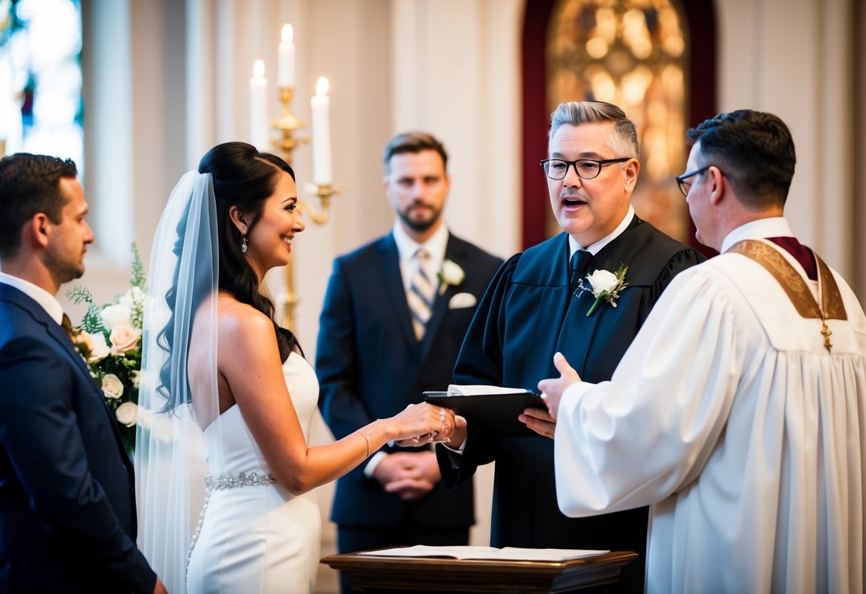 A wedding officiant standing at an altar, speaking clearly and confidently, while the couple stands before them, exchanging vows and rings