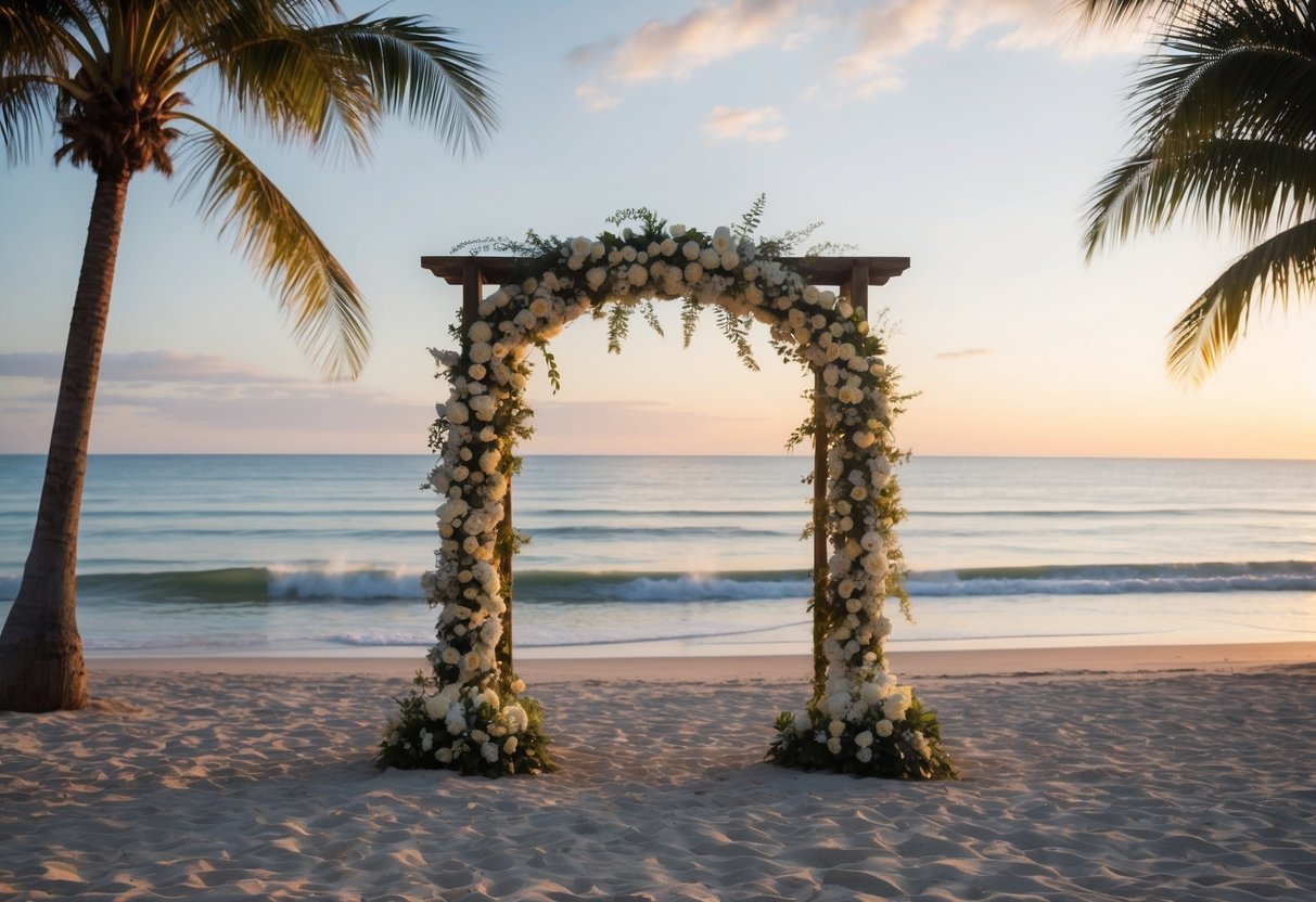 A serene beach with a flower-adorned arch overlooking the sunset, surrounded by palm trees and gentle waves