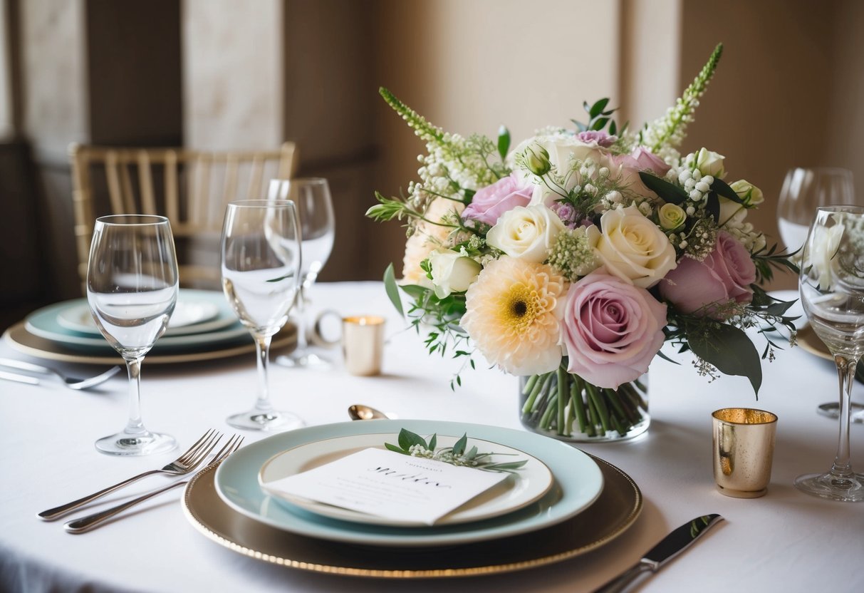 A table set with a delicate bouquet of flowers, matching the colors of the wedding, sits beside the mother of the bride's place setting