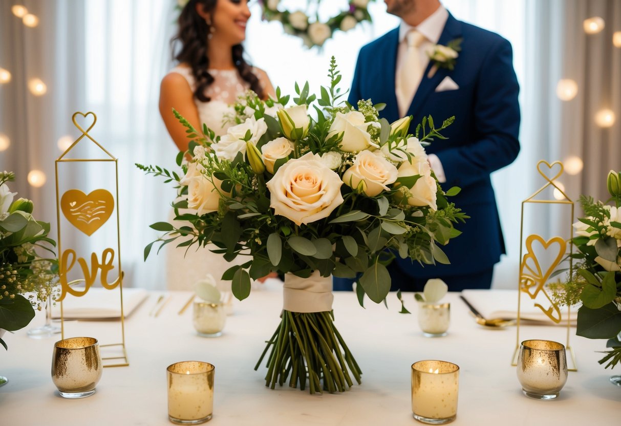 A bouquet of flowers placed on a table, surrounded by wedding decor and symbols of love and unity