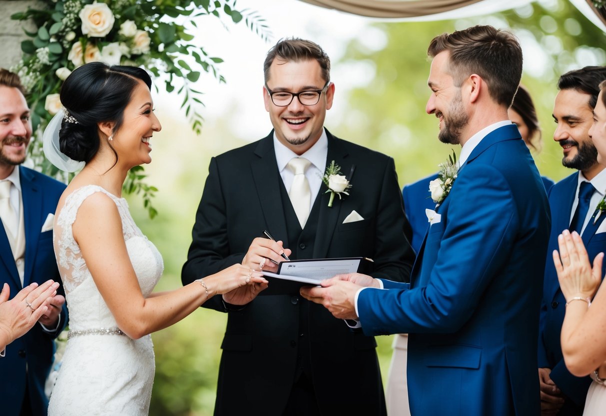 A celebrant stands before a couple, exchanging vows and rings. Witnesses sign the marriage certificate. Cheers and applause follow