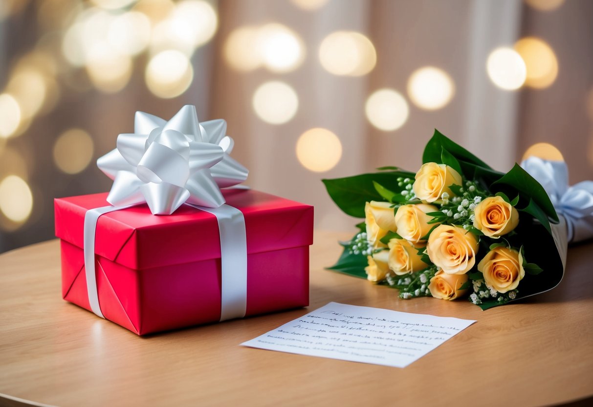 A gift-wrapped present with a bow sits on a table next to a handwritten note and a bouquet of flowers