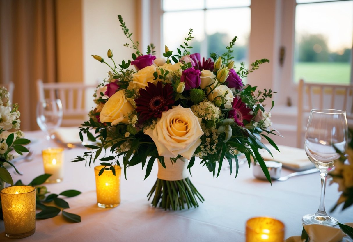 A bouquet of flowers sits on a table, surrounded by various other wedding decor. The soft light from a nearby window adds a warm glow to the scene