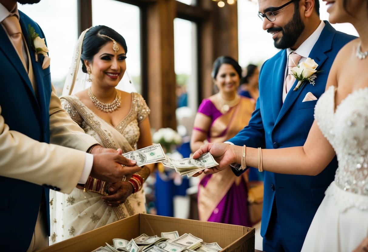 The groom hands over a wad of cash to the vendor, while the bride looks on, smiling. The vendor counts the money and nods in satisfaction