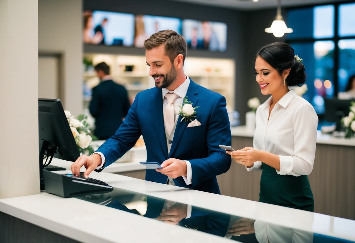 The groom stands at a counter, paying for wedding expenses with a credit card while a clerk rings up the total