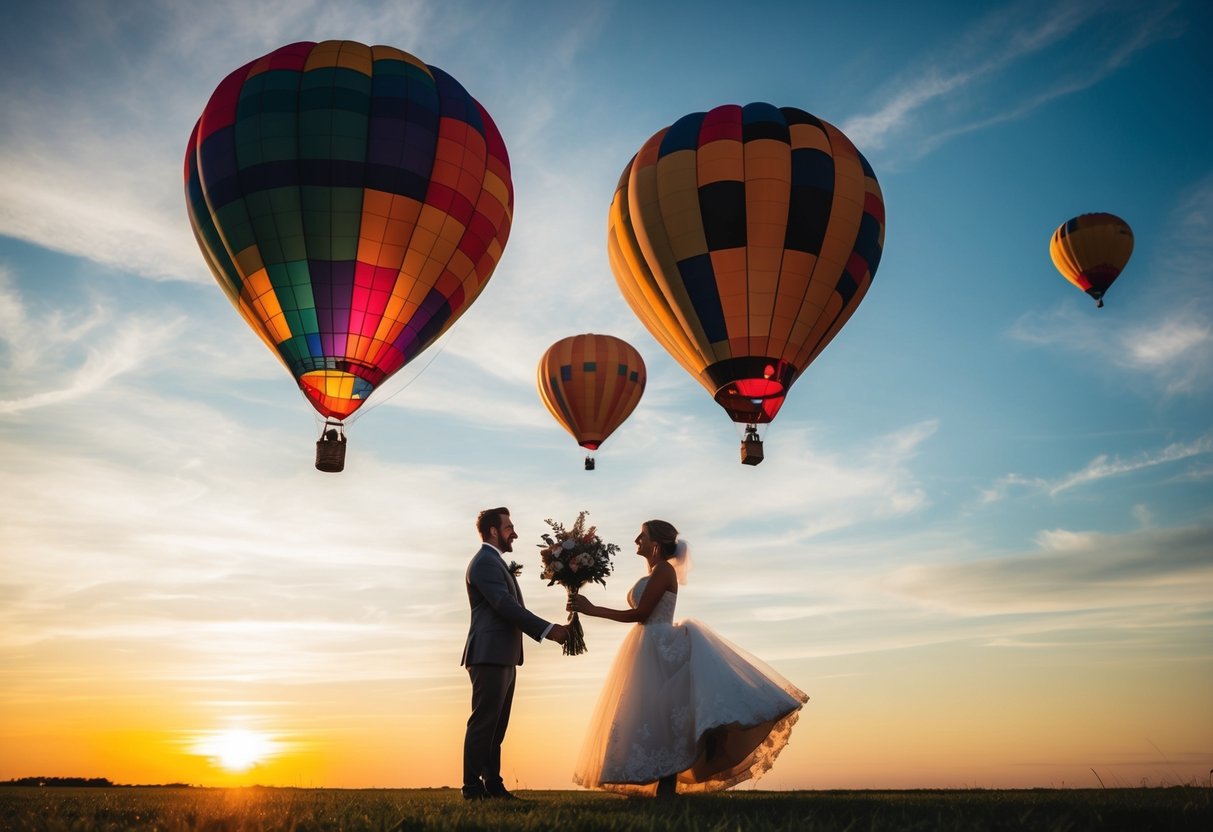 A couple's wedding gifts transform into a colorful hot air balloon, lifting off into a sunset sky