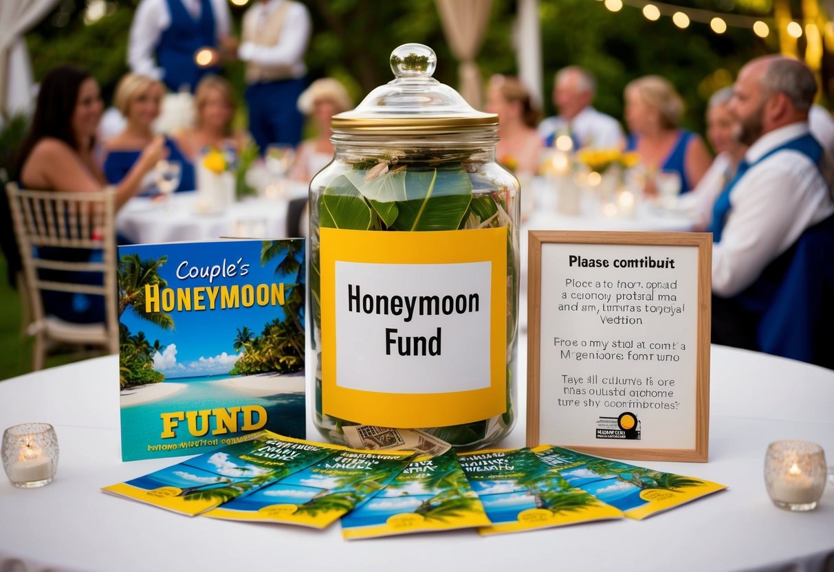 A couple's honeymoon fund jar surrounded by tropical vacation brochures and a sign requesting contributions, set on a table at their wedding reception