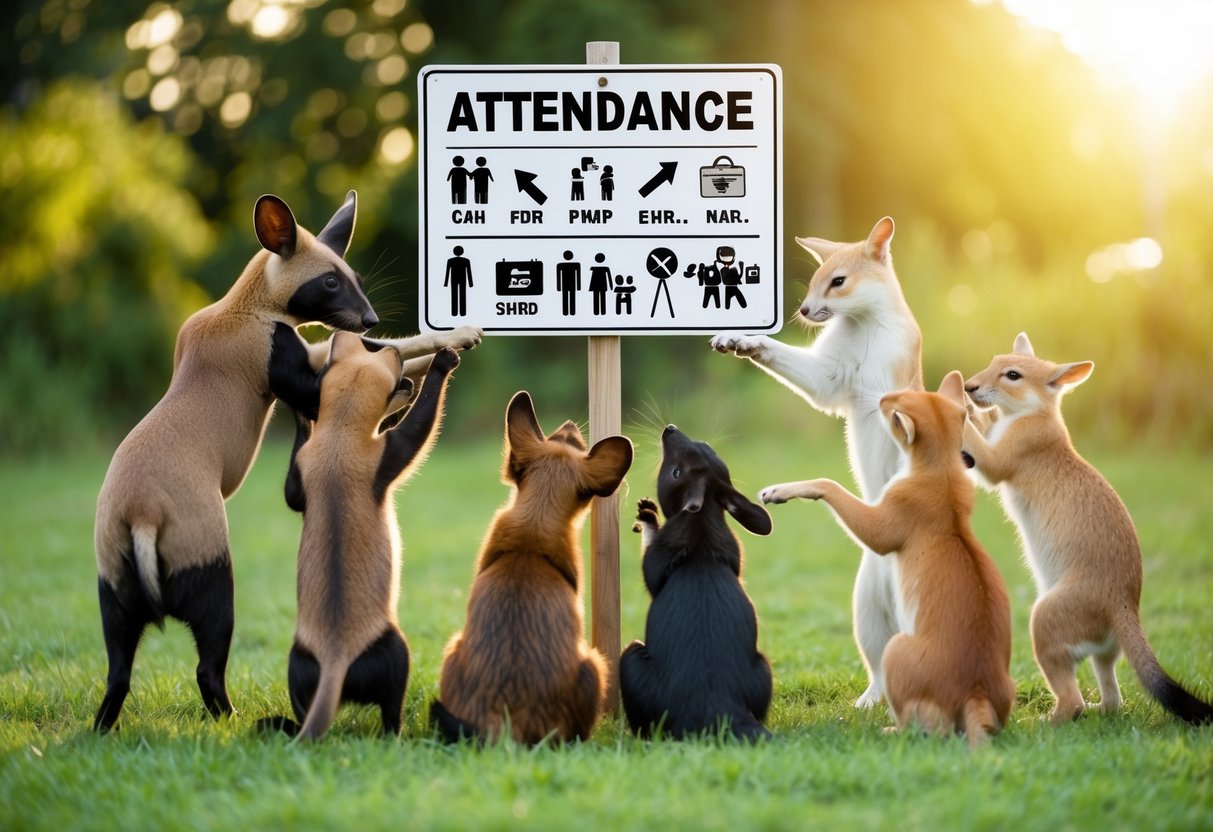 A group of animals gather around a sign with various symbols and images representing attendance, indicating different ways to confirm participation