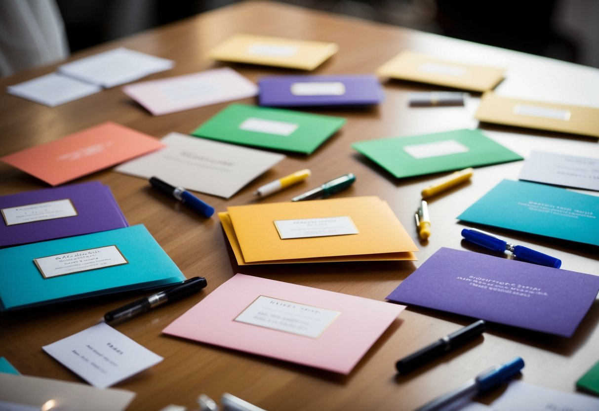 A group of colorful invitation cards scattered across a table, with pens and markers nearby for guests to indicate their attendance