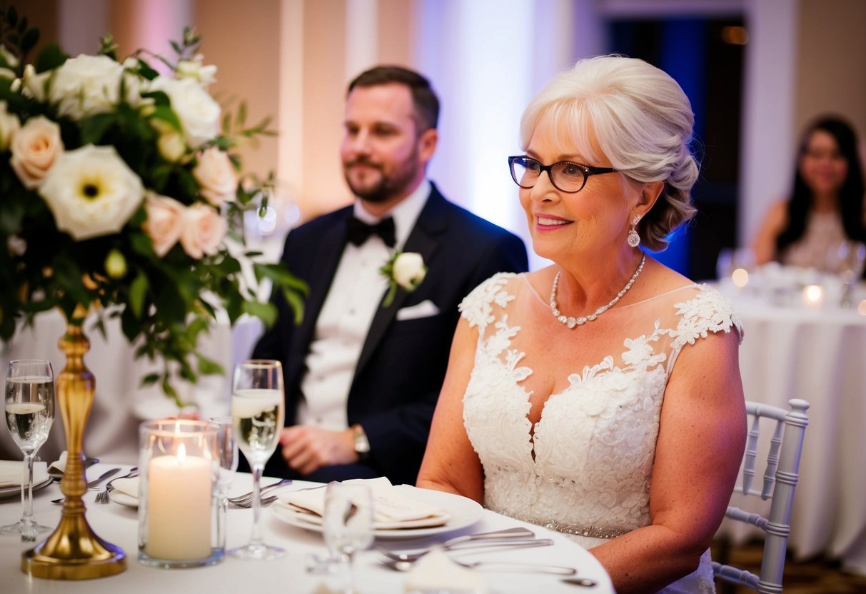 The mother of the bride sits next to an elegant floral centerpiece at the reception