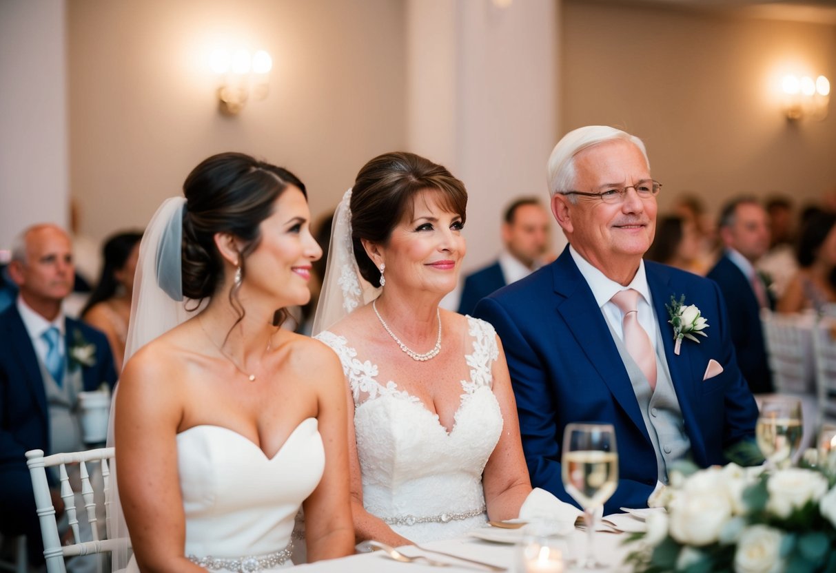 The mother of the bride sits next to the groom's father at the wedding reception