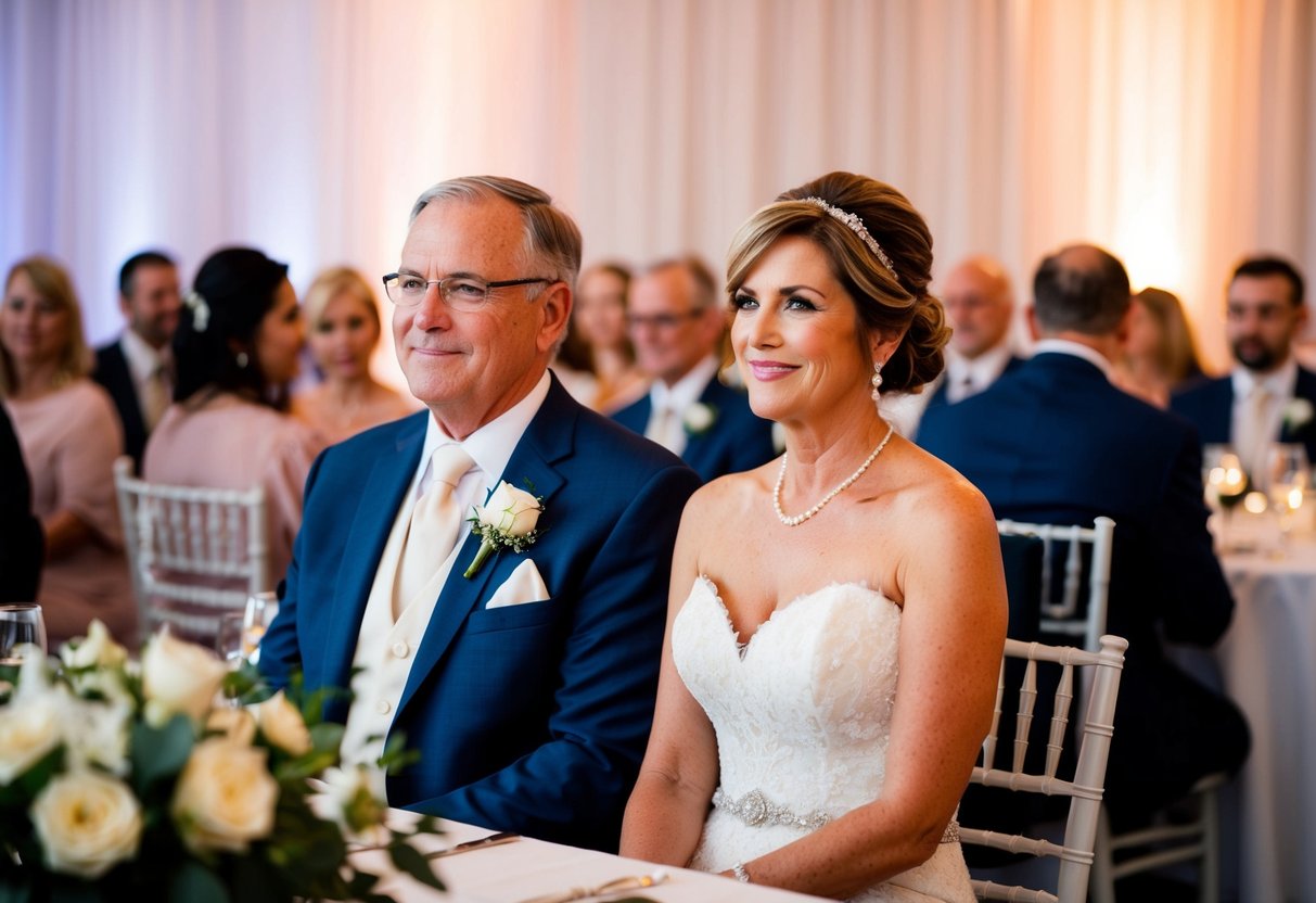 The mother of the bride sits next to the father of the groom at the reception seating