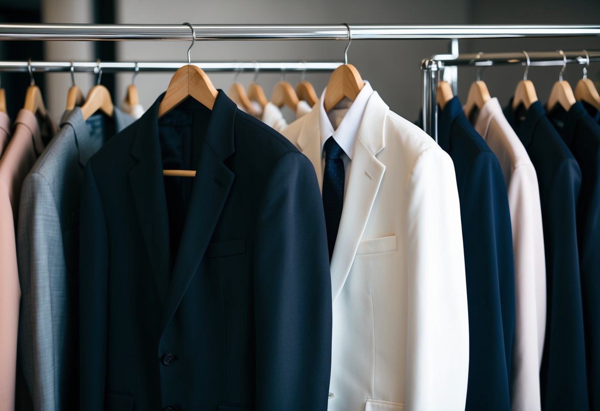 Two elegant suits, one dark and one lighter in color, hang side by side on a clothing rack