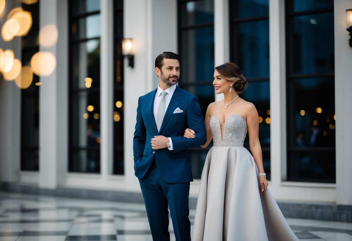 A well-dressed man in a tailored suit stands beside a woman in a formal gown, both exuding elegance and sophistication