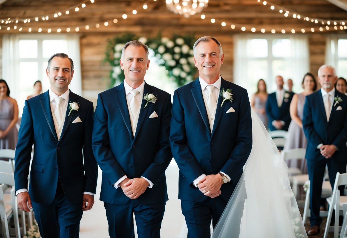 The fathers of the groom and bride wear similar, yet distinct, formal attire at the wedding, reflecting their respective roles and families