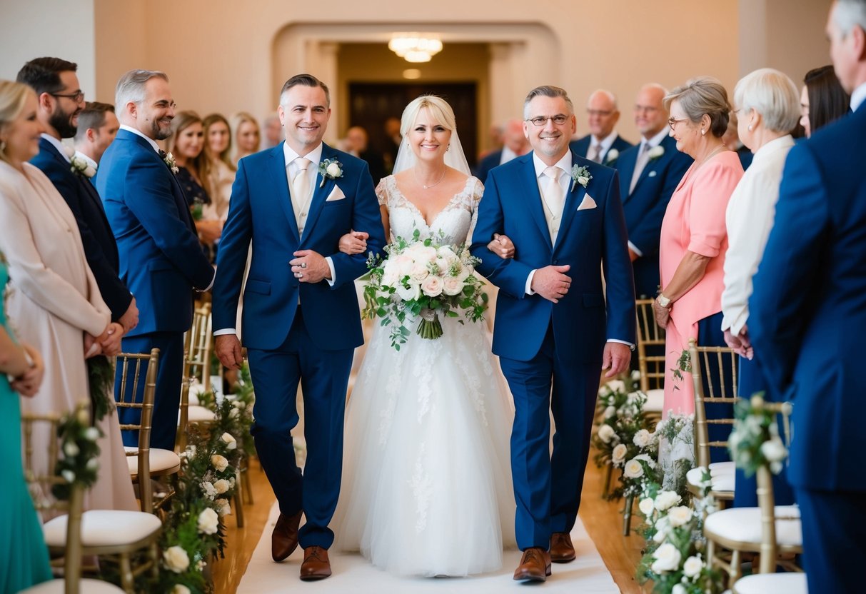 The mother of the groom is escorted down the aisle by a close family member or friend