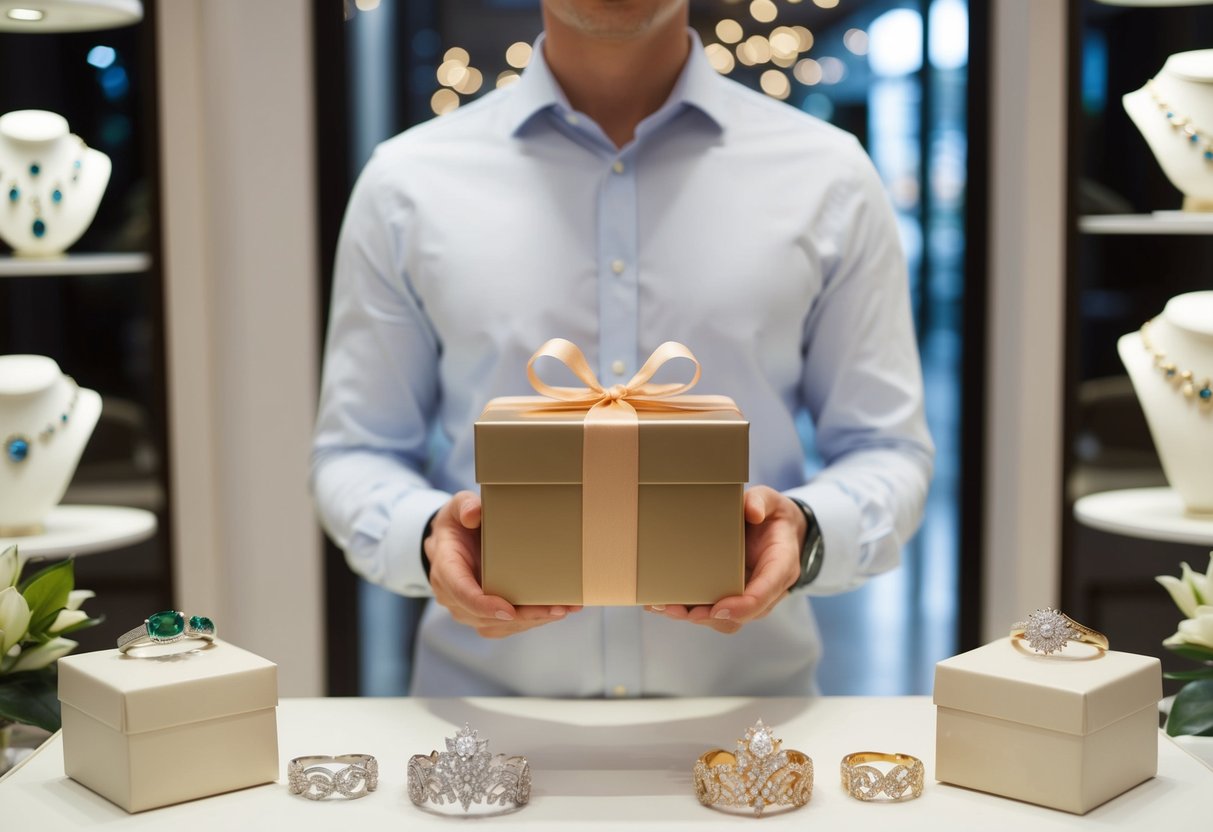 A person holding a gift box and a card, standing in front of a display of elegant jewelry and other thoughtful gifts