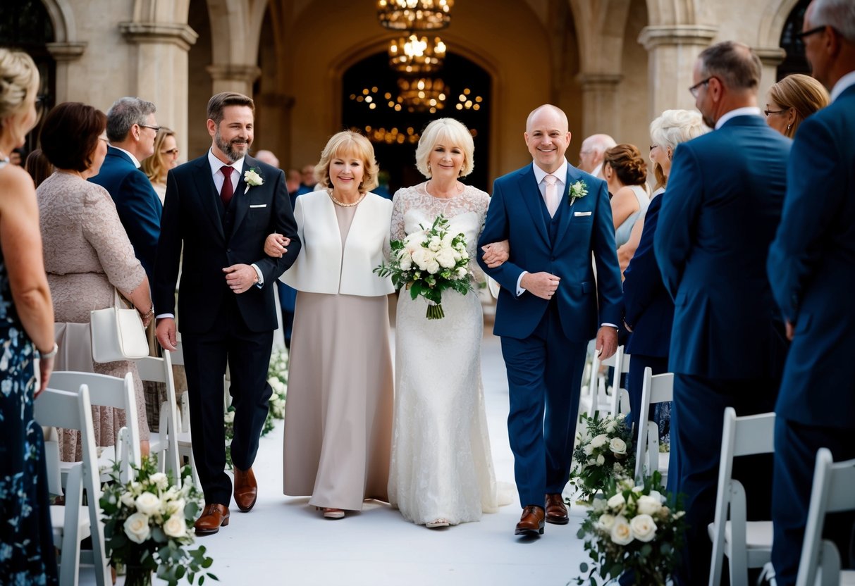 A figure escorts the mother of the groom down the aisle in various wedding traditions