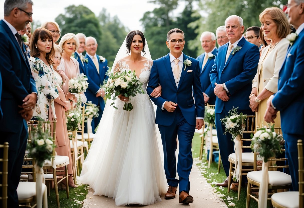A woman in a flowing gown is escorted down the aisle by a younger family member, while the rest of the family looks on with a mix of pride and emotion
