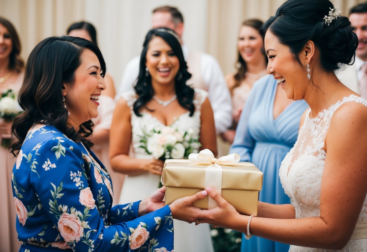 A woman hands a beautifully wrapped gift to another woman at a wedding reception. The room is filled with laughter and joy as they exchange the present