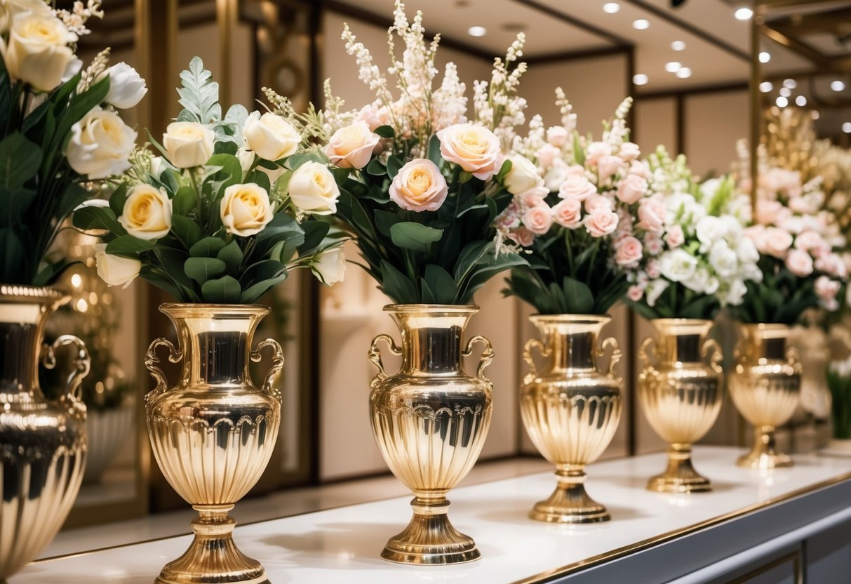 A fancy store display with fake bouquets in ornate vases, surrounded by luxurious decor and soft lighting