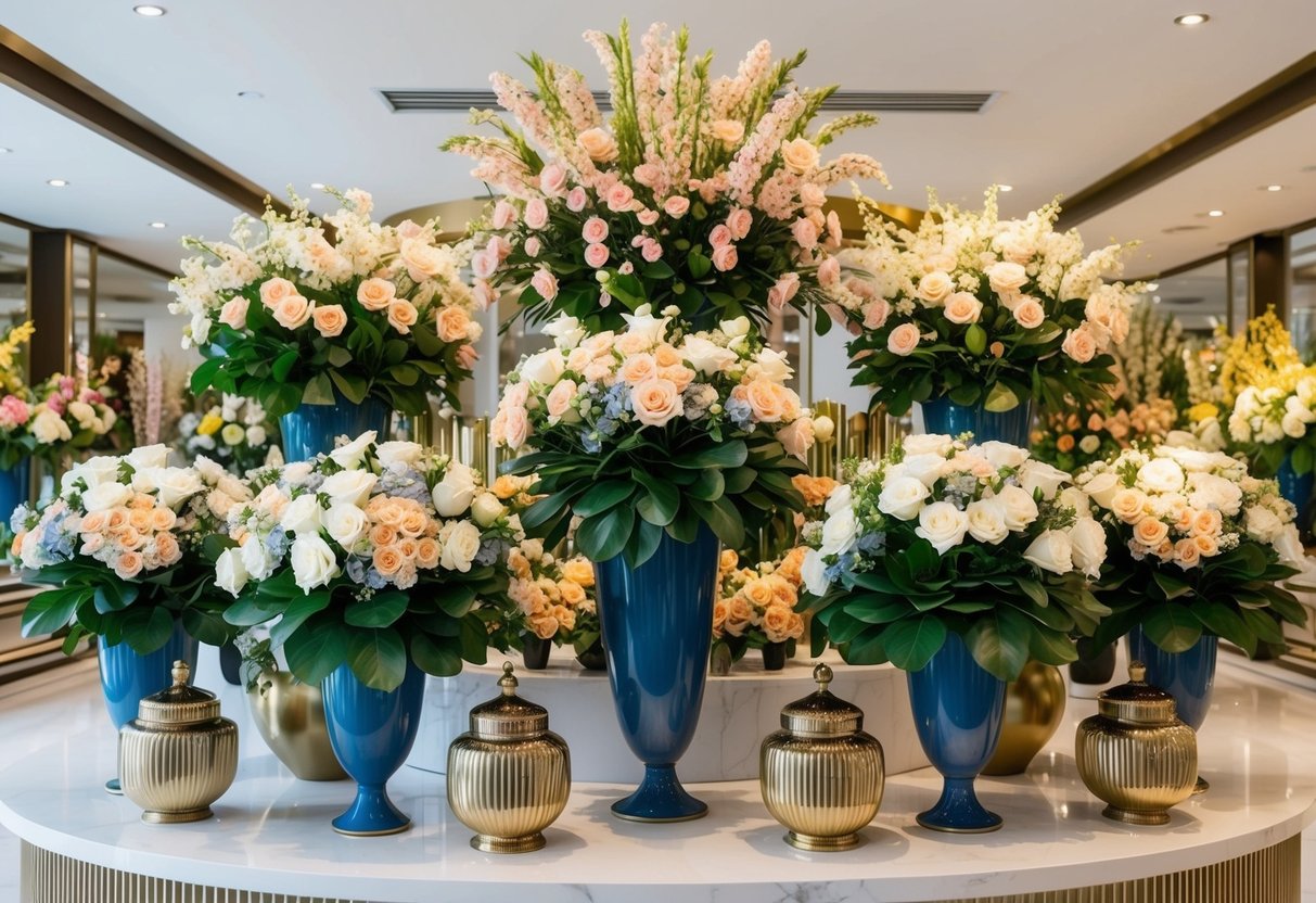 A luxurious display of artificial bouquets arranged in a high-end floral shop, surrounded by elegant vases and decorative accents