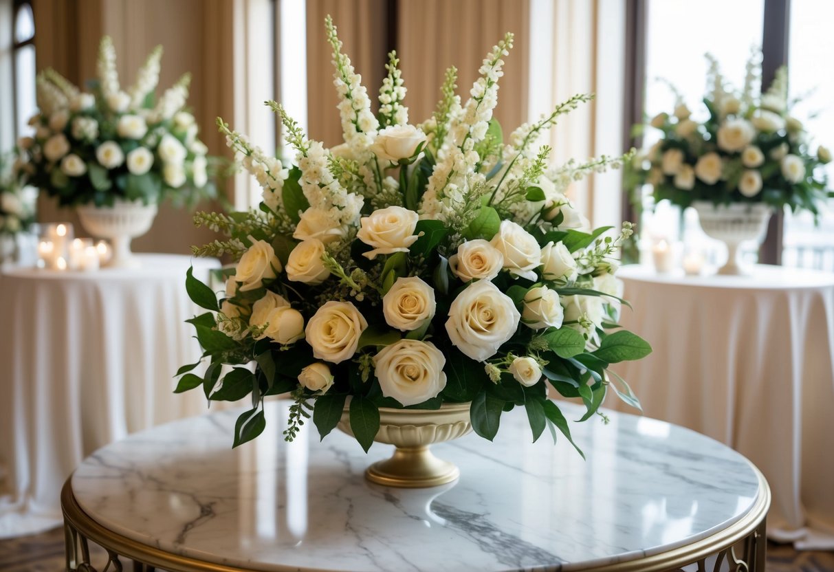 A beautifully arranged artificial bouquet sits atop a marble table, surrounded by elegant wedding decor. The intricate details and lifelike appearance of the flowers hint at the high cost of these premium fake bouquets