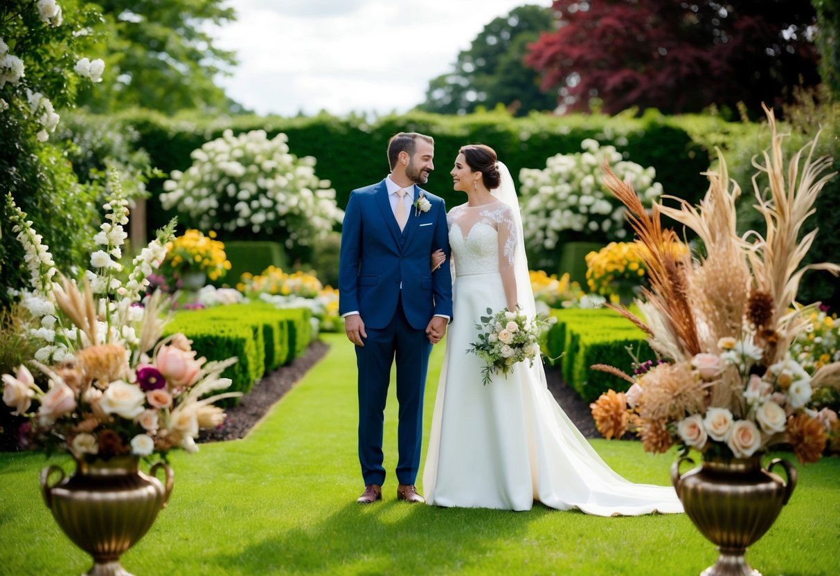 A bride and groom stand before a lush garden, with fresh flowers in full bloom on one side and dried flowers arranged in elegant vases on the other