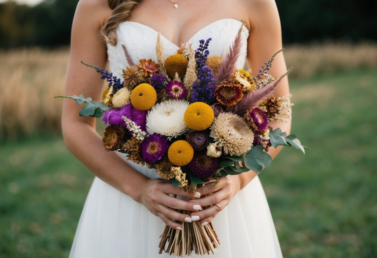 A bride holding a bouquet of vibrant dried flowers, showcasing their unique beauty and longevity for a wedding