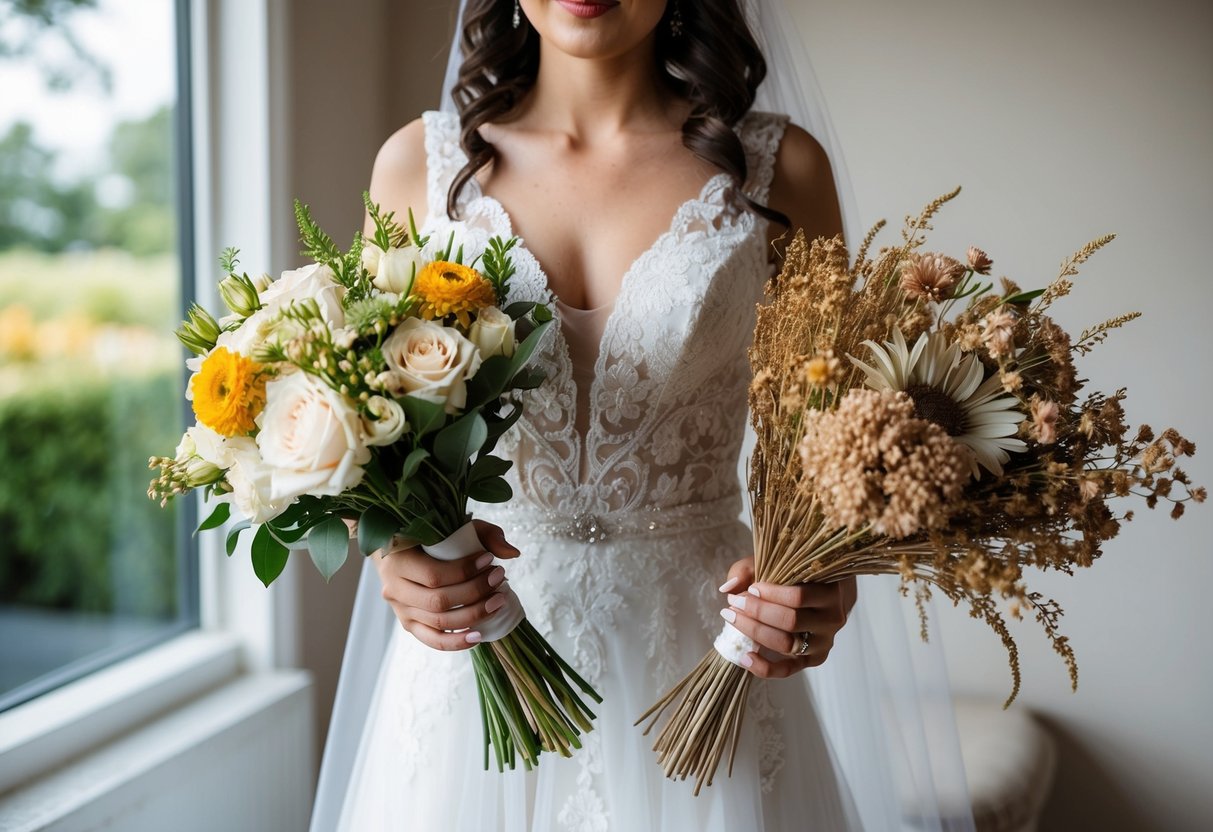 A bride holds a bouquet of fresh flowers in one hand and a bouquet of dried flowers in the other, contemplating which to choose for her wedding