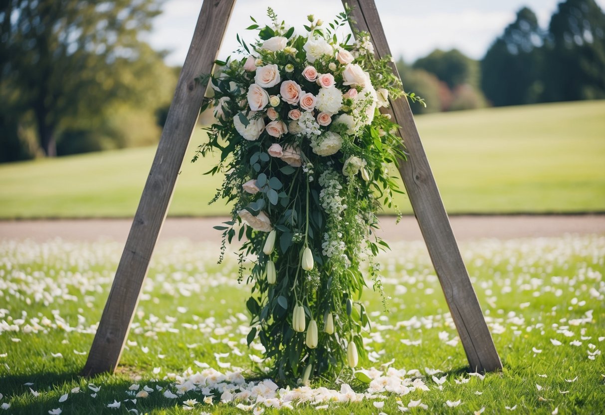 A lush bouquet of fresh flowers cascading down a rustic wooden arch, surrounded by delicate petals scattered on the ground
