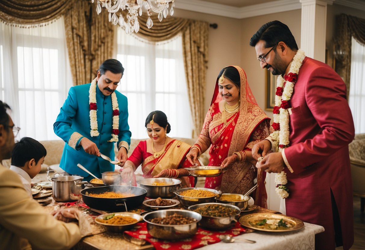 The groom's parents prepare a traditional feast in their home on the morning of the wedding, filling the air with the aroma of spices and cooking