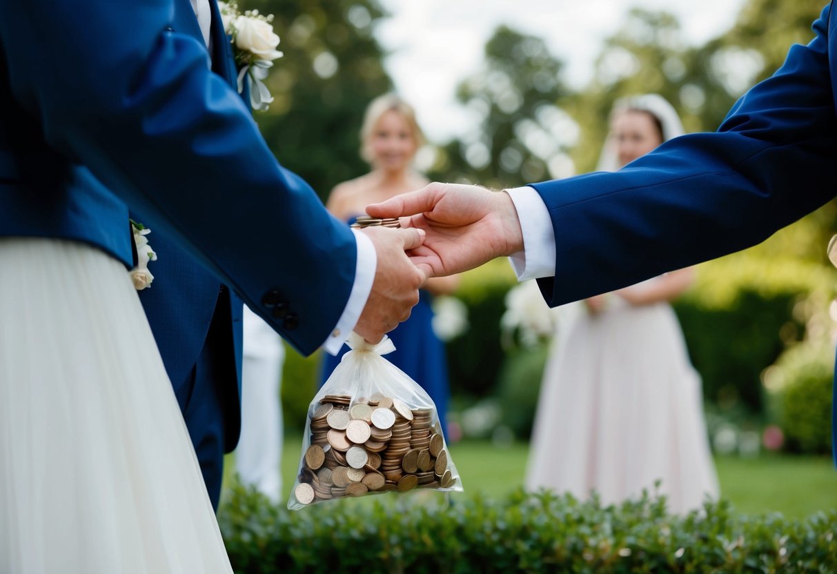 A groom handing over a bag of coins to the bride's family, symbolizing the tradition of the groom paying for the wedding in the UK