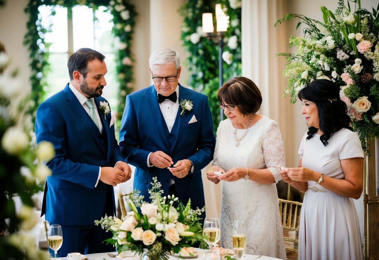 The groom's parents arrange flowers and set up decorations for the wedding ceremony
