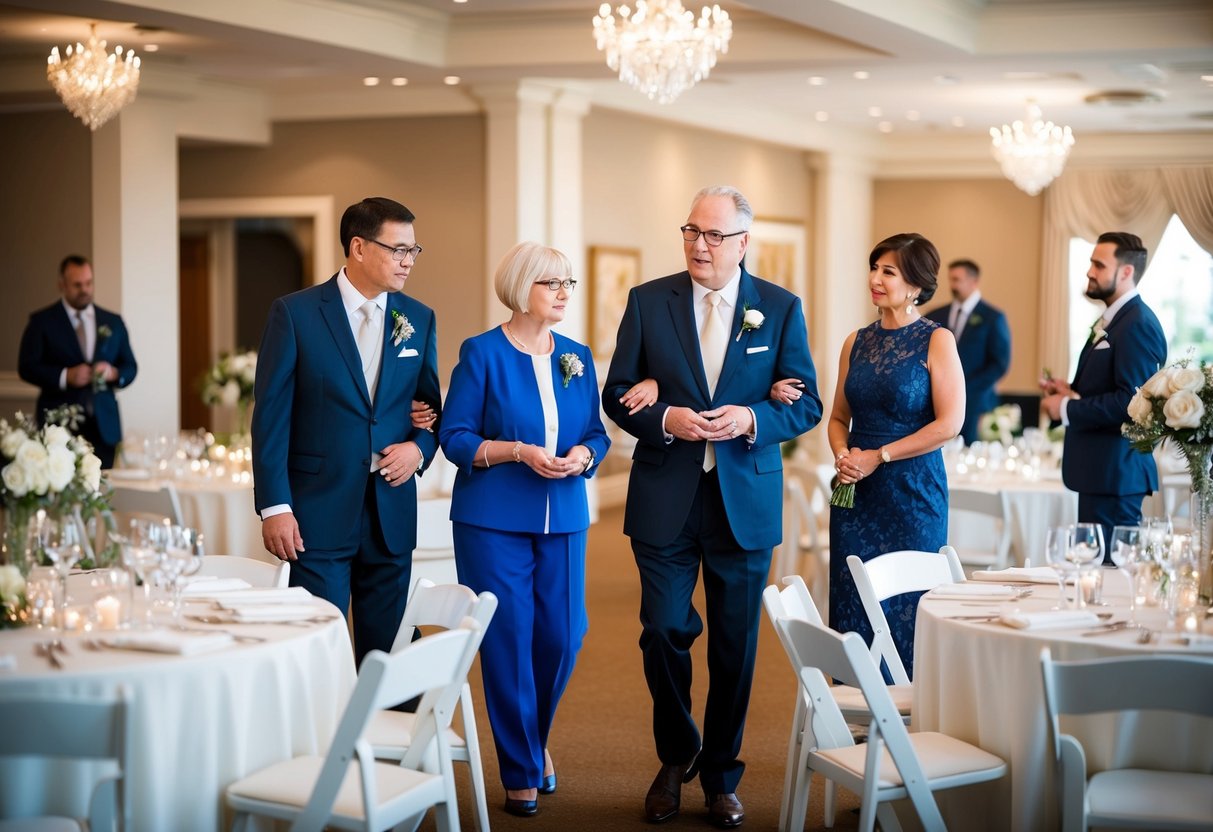The groom's parents oversee the setup of the wedding venue, ensuring everything is in place and running smoothly for the big day