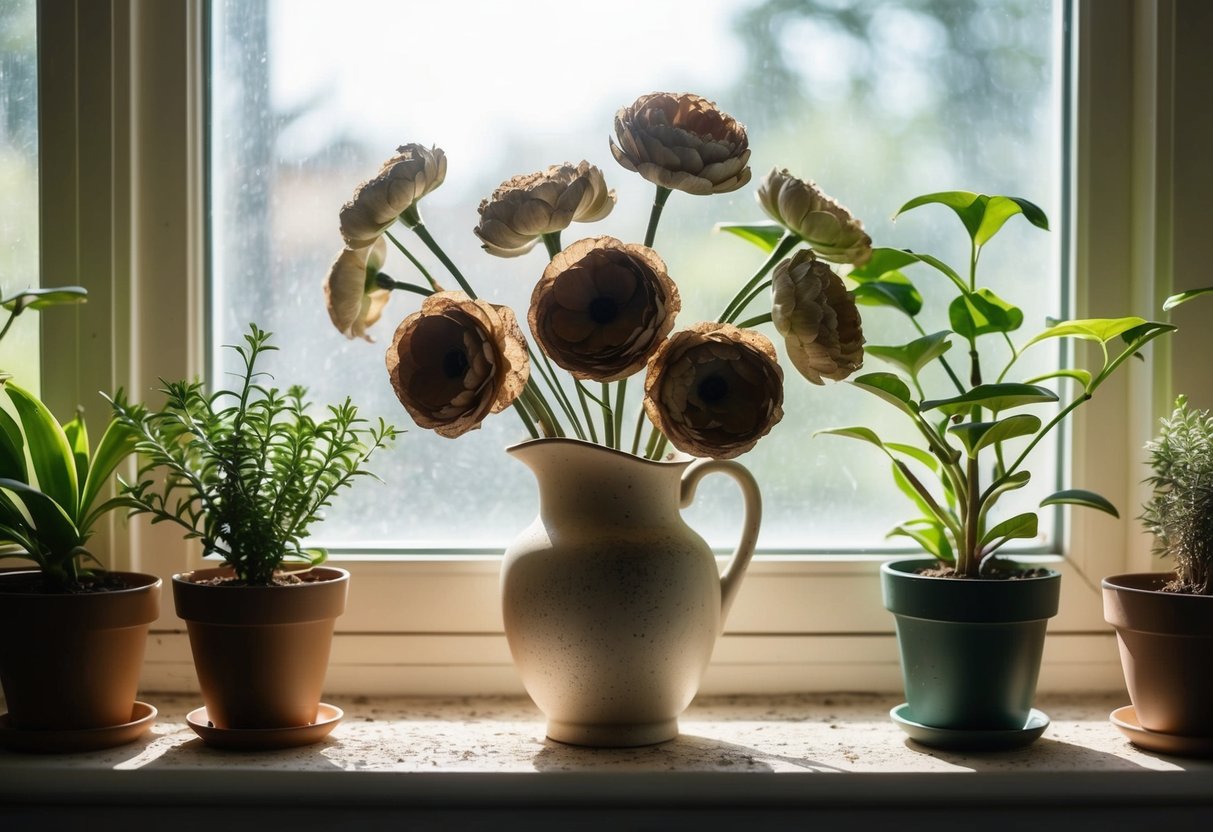 A vase of fake flowers sits on a sunlit windowsill, surrounded by real plants. Dust gathers on the petals, showing their age