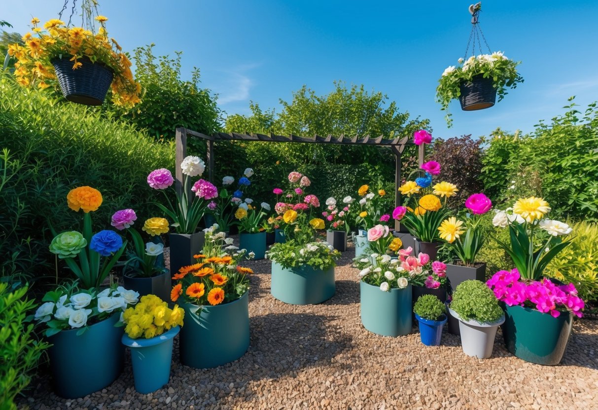 A garden with artificial flowers in various colors and sizes, placed in outdoor planters and hanging baskets, surrounded by real greenery and under a clear blue sky