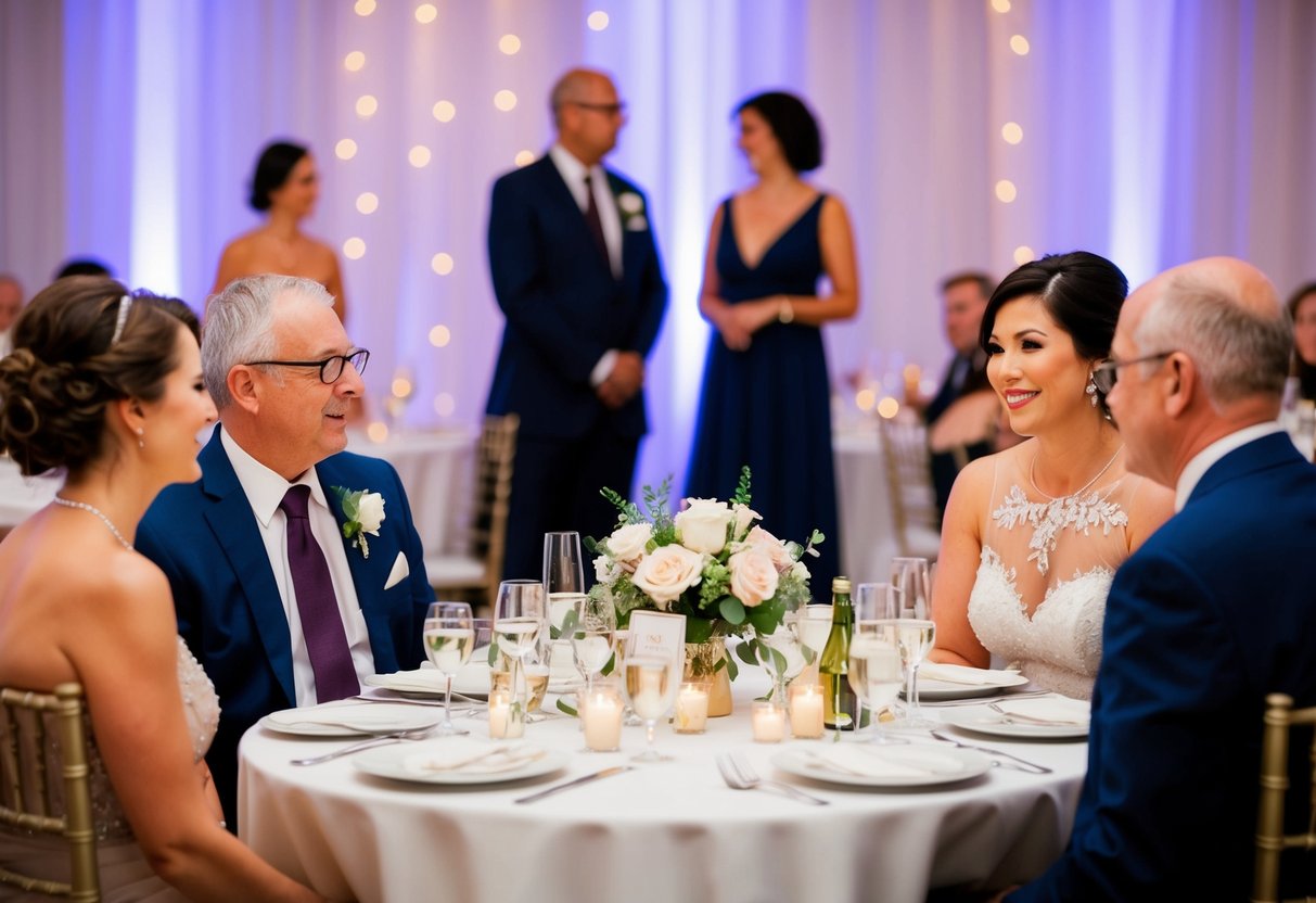 Divorced parents chat at separate tables during a wedding reception